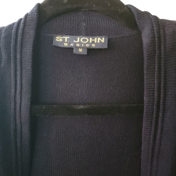 St. John Basics Cardigan Sweater Jacket Santana Knit Navy Blue Gold Accents Med - Picture 12 of 14